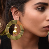 RETRO ROUND RIBBIION DISK 18K GOLD PLATED EARRING