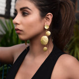 TEXTURED DANGLING OVAL DISK 18K GOLD PLATED EARRING