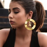 RETRO ROUND RIBBIION DISK 18K GOLD PLATED EARRING