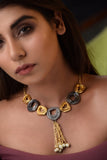 GLOSSY FINISH BLACK AND YELLOW SPRING WATER PUDDLE 18K GOLD PLATED FASHION NECKLACE