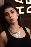 HAMMERED FINISH CELESTIAL SEMI MOON SILVER PLATED FASHION NECKLACE