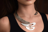 HAMMERED FINISH CELESTIAL SEMI MOON SILVER PLATED FASHION NECKLACE