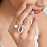 KOORI Bold Statement Ring in Crystal and Pearl with Textured Plating in Brass