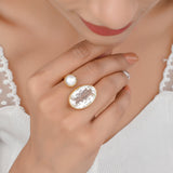 KOORI Bold Statement Ring in Crystal and Pearl with Textured Plating in Brass