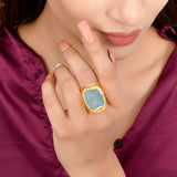 LONA Spectacular Turquoise Ring  with Textured Gold Plating in Brass