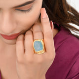 LONA Spectacular Turquoise Ring  with Textured Gold Plating in Brass