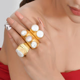 ARINA Statement Ring with Hammered Finish Gold plating and Pearls in Brass