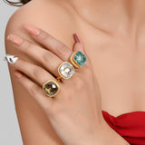 DARIA Stylish Magnificent Gold Plated Ring with Smoky Quartz, Clear Quartz and Blue Topaz in Brass